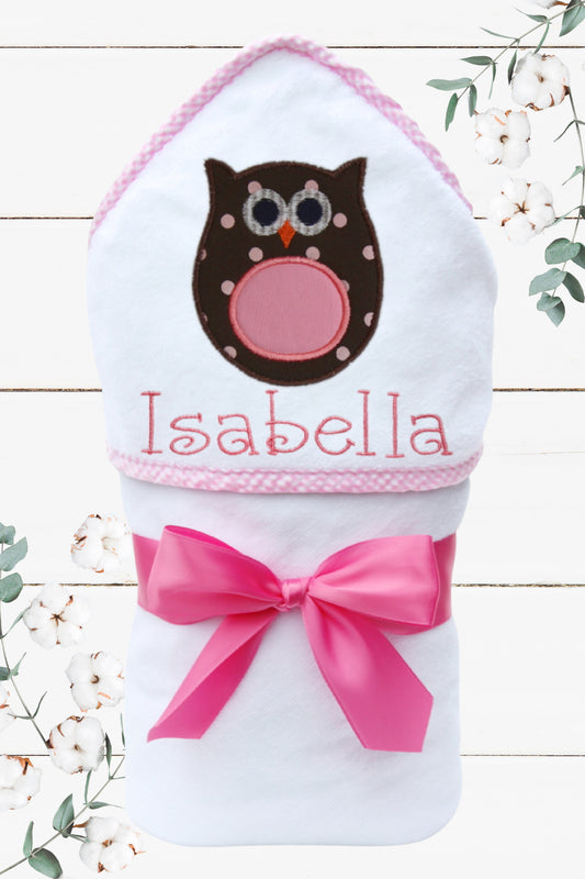 Personalized Brown Owl Hooded Towel for Baby Girls