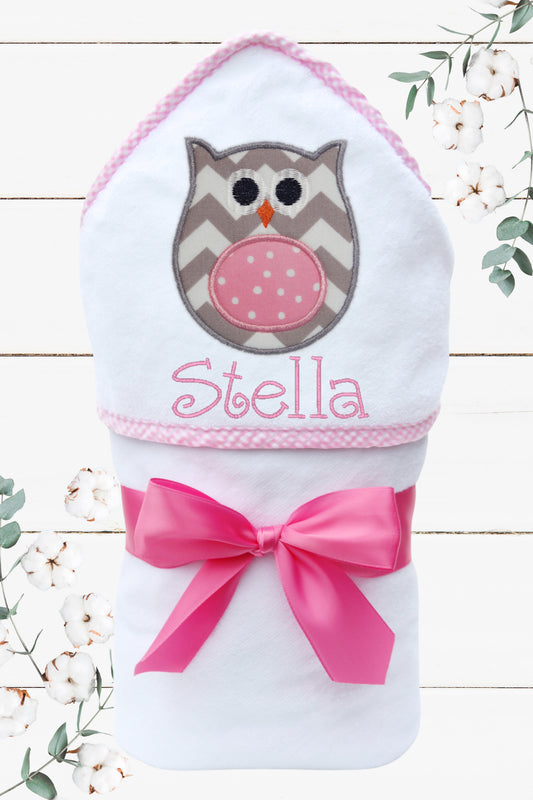 Personalized Gray Owl Hooded Towel